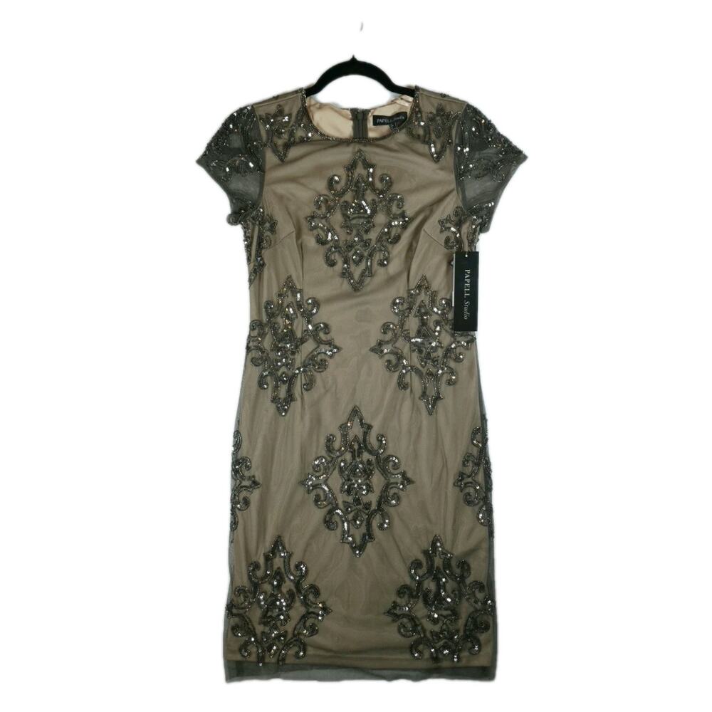 ADRIANNA PAPELL Womens Beaded-Tile Sheath Short Dress In Lead Size 4 NWT